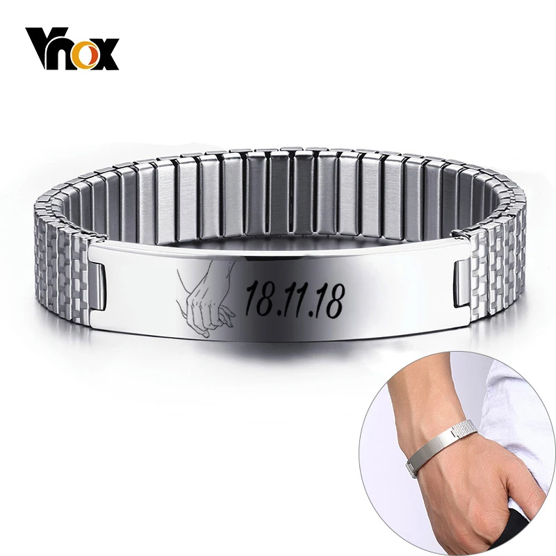 

Vnox Personalize Stretch Bracelet for Men Women Elastic Stainless Steel Band Custom Name Image Casual Bangle