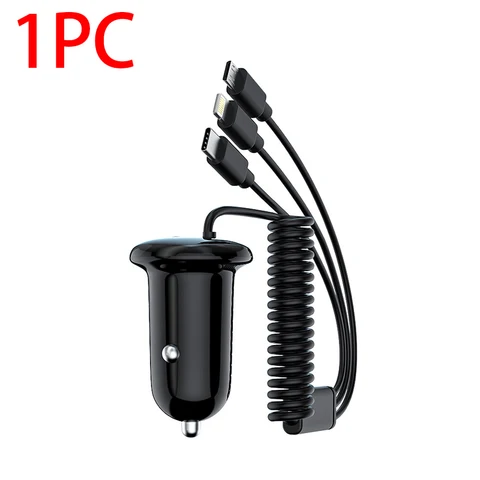 3 in 1 Cigarette Lighter Car Charger 15W 3 Cables Type-C/IOS/Micro-USB Mini Car Power Adapter Socket for GPS/DVR/Phone