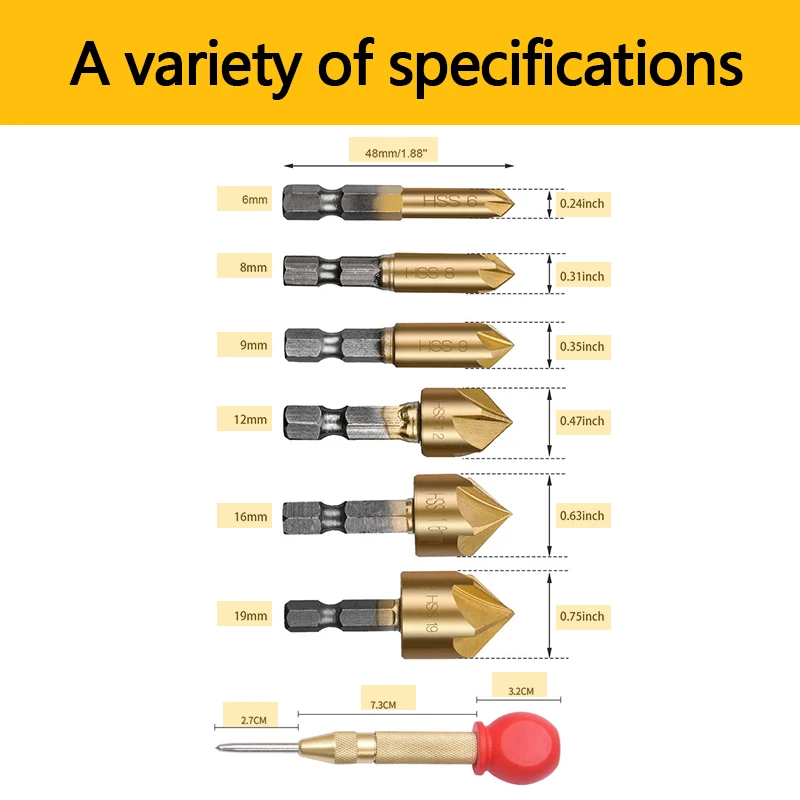 2 шт автоматический перфоратор в центре, маркер с подушкой и 6 шт Зенковка сверло 1/4 шестигранный хвостовик 6 мм-19 мм
