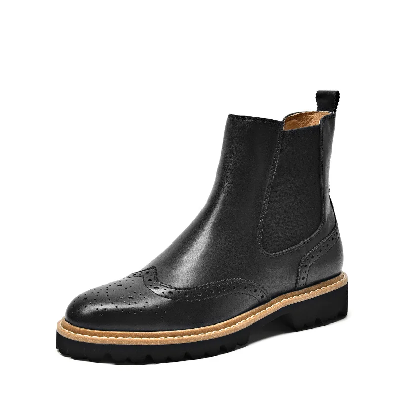 Black BeauToday Chelsea Boots Women Calfskin Genuine Leather Round Toe Elastic Band Ladies Ankle Brogues Boots Handmade 03439 - Цвет: Black