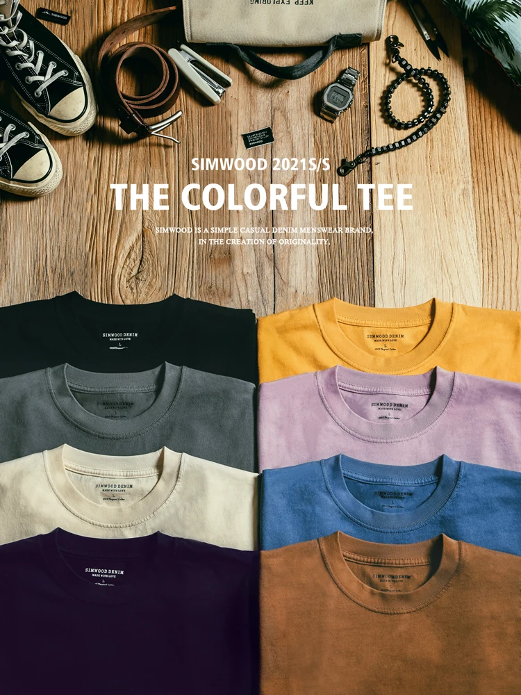 SIMWOOD 2021 Summer New 250g 100% Cotton Fabric T-shirt Men High Quality Solid Color Drop Sleeve Loose Tshirts Oversize Tops