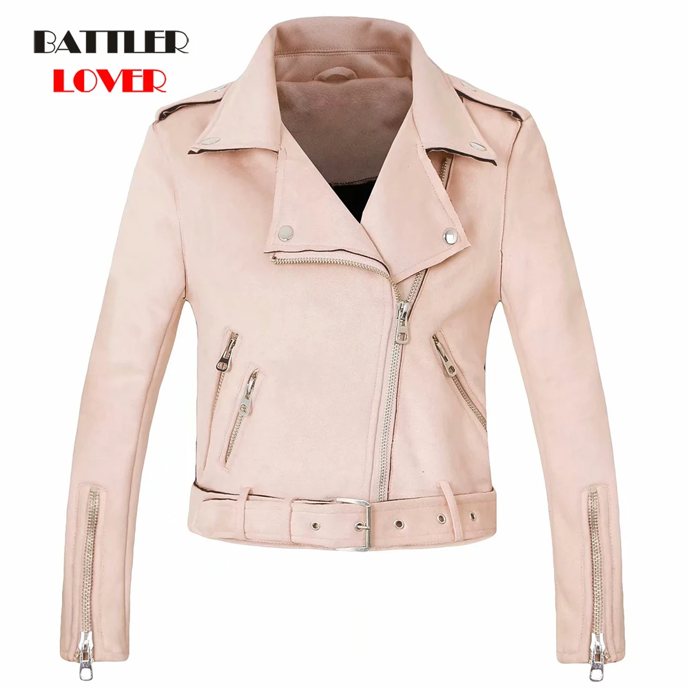 2020 New Autumn Winter Women Motorcycle Deer Velvet Leather Red Pink Jacket Lady Biker Outerwear Coat with Belt Hot Sale 7 Color