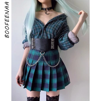 

BOOFEENAA Fashion PU Leather Black Chain Corset Belt Punk High Waist Belts for Women Gothic Wide Belt for Dress C80-AC83