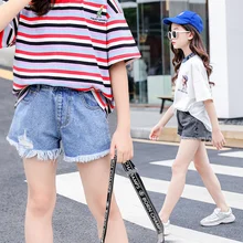 Джинсовые шорты для девочек; Новинка года; Модные Летние Повседневные Удобные однотонные узкие брюки с высокой талией; брюки для улицы; универсальный бутик