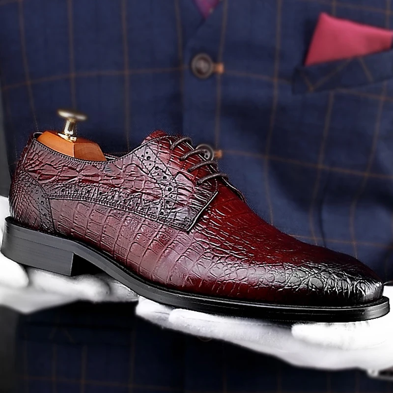 New Luxury Genuine Leather Men's Heels Derby Wedding Oxfords Pointed Toe Laces Alligator Pattern Man Formal Dress Shoes HKN175
