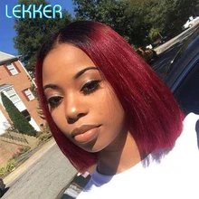 

Lekker T Part Colored Short Straight Bob Lace Front Human Hair Wig For Women Natural Dark Brazilian Remy Glueless Burgundy Wigs