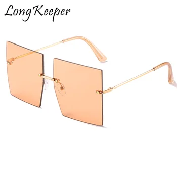 

LongKeeper Oversized Rimless Sunglasses Women 2020 Metal Frame Brown Orange Lens Sun Glasses Men Eyewear UV400 Shades Oculos