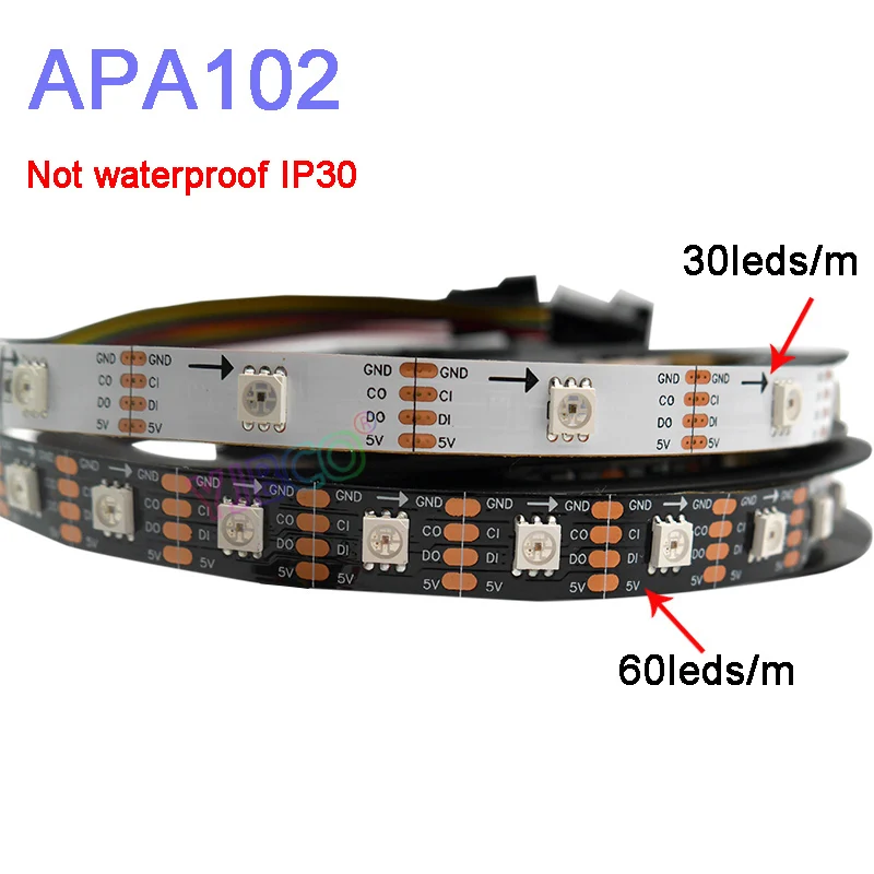 

5m/lot APA102 Smart led pixel strip light;DC5V 30/60 leds/pixels/m;DATA and CLOCK seperately;IP30/IP65/IP67;SK9822 led strip