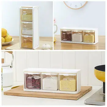 

1pc Spice Rack 3 Grids Seasoning Box with Spoons Kitchen Bottle Container Spices Cumin with Herb Jar Lid Storage Salt Condi Z5D3