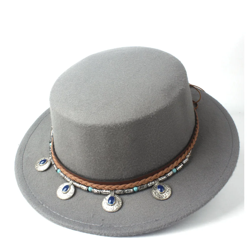 Gray Women Fashion Flat Top Hat Wide Brim Hat Dance Party Boaters Hat Wool Homburg Trilby Hat Size 56-58CM - Цвет: Gray