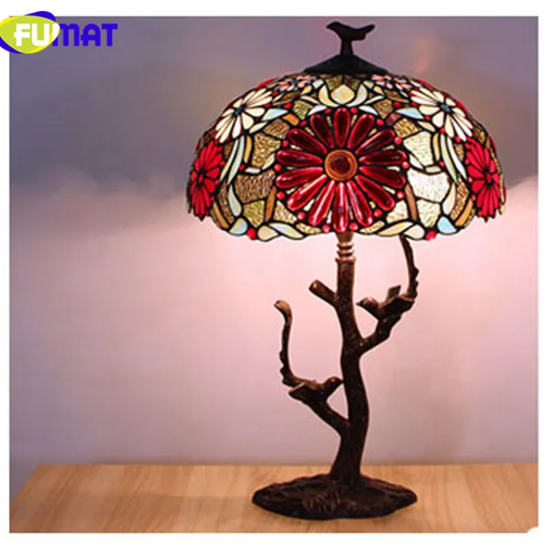 FUMAT Tiffanylamp настольные лампы Pteris Staiend стеклянный абажур для спальни прикроватные лампы светодиодный домашний арт-деко Свадебный Настольный светильник - Цвет абажура: Red Sunflower