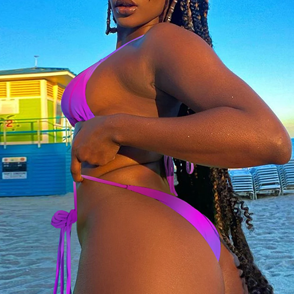 FS Side String Tie Dye Gradient Micro Bikinis Set Thong Bathing Suits 2 Piece Swimsuits Ladies Swimwear Women Halter Lace Up women swimsuit,women two piece sets