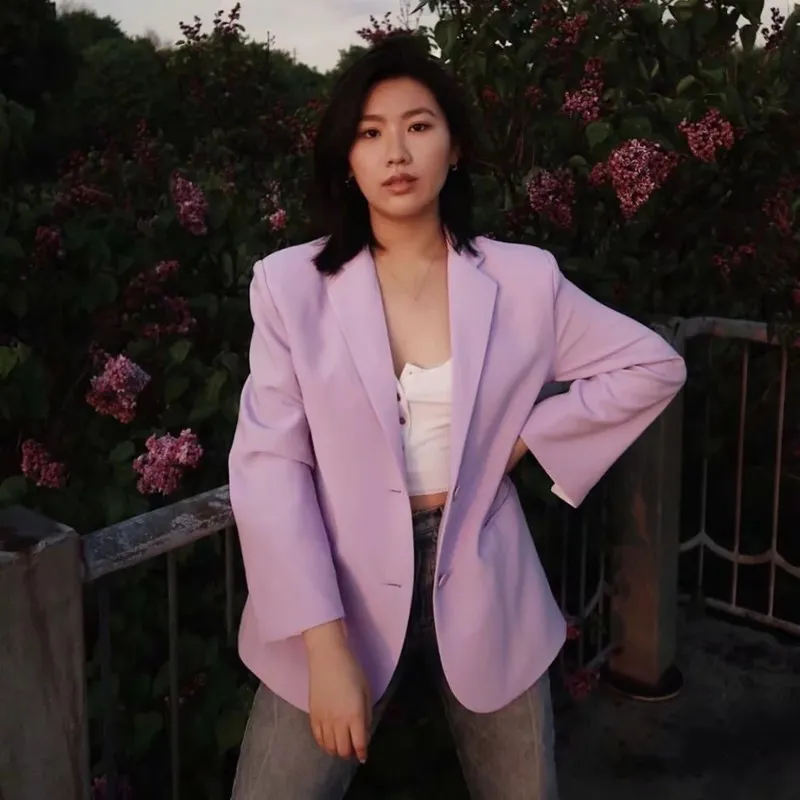 

Fall Winter Women Casual Purple Single-Breasted Blazers Solid Notched Loose Jackets Pockets Oversize Blazers