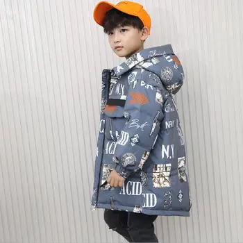 

Wholesale Boys hooded print down jackets children winter new thicken 94% white duck down coats kids outerwear 4-12Y WS1232