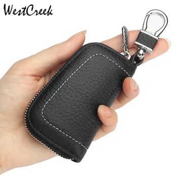 

Silver Zipper Mini Car Key Wallet Women Men Small Genuine Leather Key Ring Smart Key Organizer Top Layer Of Litchi Cowhide