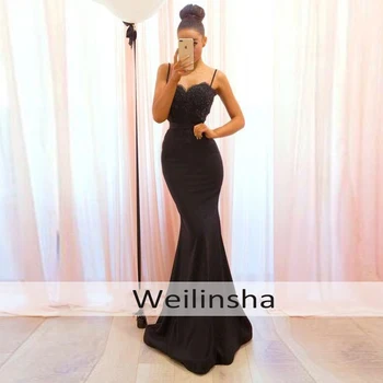 

Weilinsha Black Mermaid Evening Gowns Robe De Soiree Cheap Spaghetti Straps Beading Applique Long Party Dresses Prom Dress