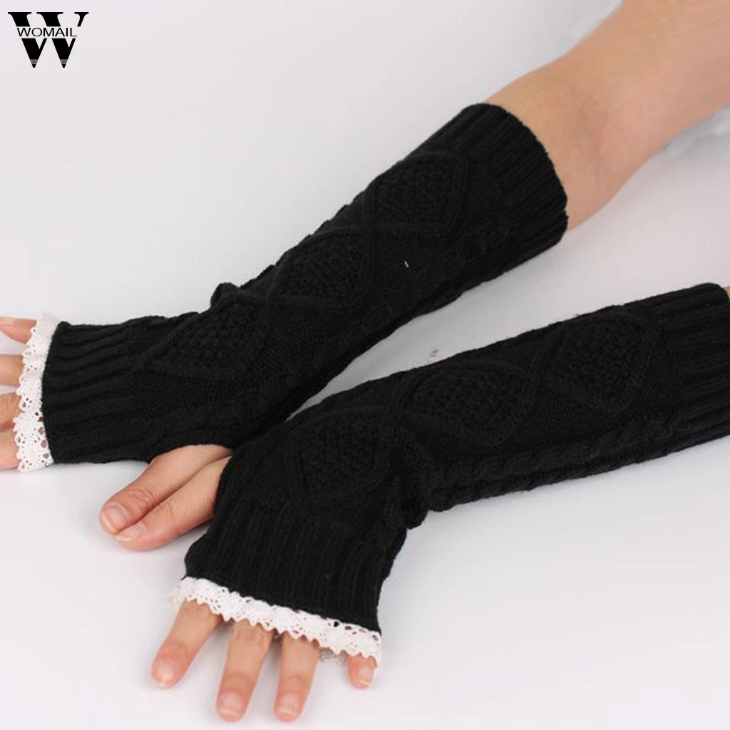 Womail Women Gloves Hand Warmer Winter Gloves Knitted Button Hollow Out Leaf Lace Keep Warm Fingerless Gloves guanti donna