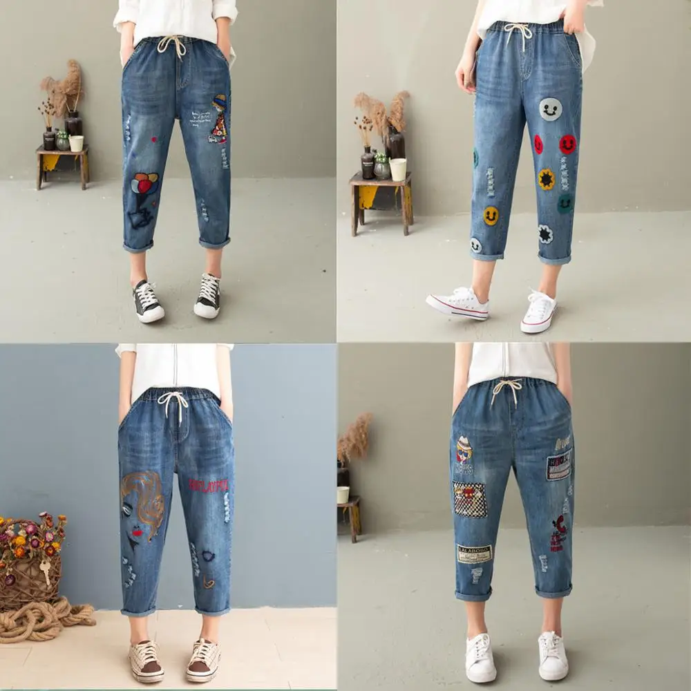 Capris High Waist Jeans Woman Denim Harem Pants Summner 2020 Vintage Loose Ripped Hole Embroidery Jean Femme Plus Size Capris High Waist Jeans Woman Denim Harem Pants Summner 2020 Vintage Loose Ripped Hole Embroidery Jean Femme Plus Size