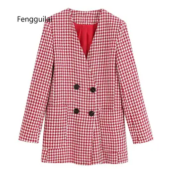 

Women Vintage Red Plaid Houndstooth Print Woolen Coat Ladies Autumn V Neck Double Breasted Jacket Outwear Coat Chic Tops