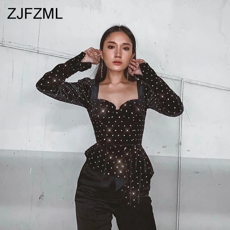Блестящие стразы бархатные футболки для женщин квадратный вырез длинный рукав