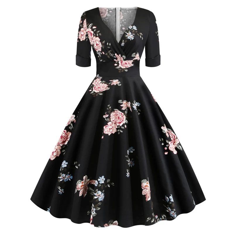 Винтажные Платья с цветочным принтом 1950s 60 s, женские платья с v-образным вырезом, элегантные ретро вечерние трапециевидные платья, женские платья - Цвет: floral print dress