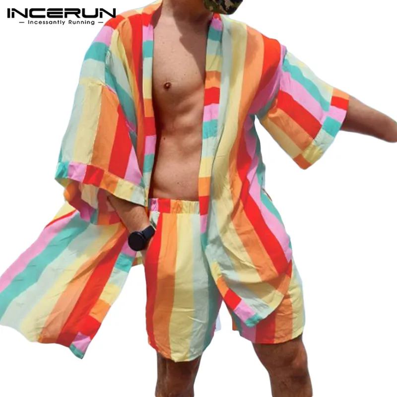 Shirt Men-Sets Beach-Shorts Striped Hawaiian-Suits Streetwear INCERUN Half-Sleeve S-5XL