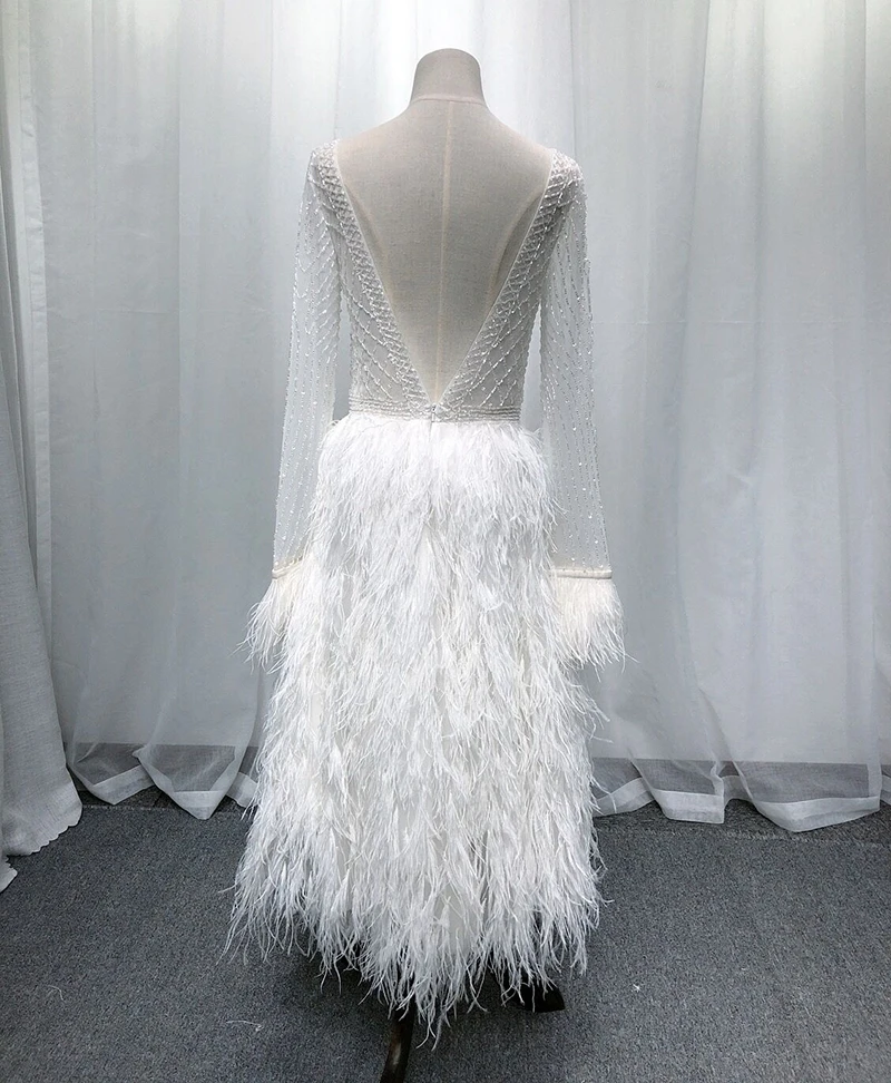 SSYFashion, Новые Вечерние платья высокого класса, роскошные белые длинные рукава, длина до середины икры, расшитые блестками и перьями, вечерние платья для банкета