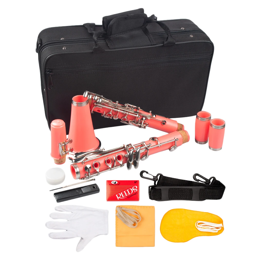 Кларнет B, с 17 ключами, ПВХ пластик Bb плоский кларнет набор, включая Мешок, пробковая смазка, салфетка для очистки, мундштук, ремешок-розовый