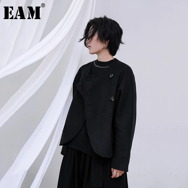 

[EAM] Loose Fit Black Split Joint Big Size Short Woolen Coat Parkas New Long Sleeve Women Fashion Tide Spring Autumn 2020 1M743