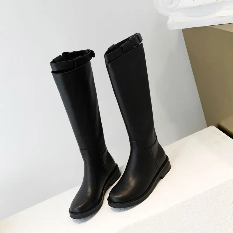 Heel height 3.5cm ALLBITEFO/женские сапоги из натуральной кожи; женские сапоги до колена в сдержанном стиле на высоком каблуке с круглым носком; сезон осень-зима - Цвет: Heel height 3.5cm