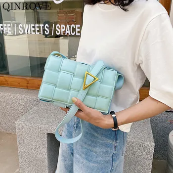 

QINROVE for Women 2020 Summer Shoulder Bags PU Leather Casual Fashion Crossbody-bag Luxury Small Square Designer Woven Shape Bag