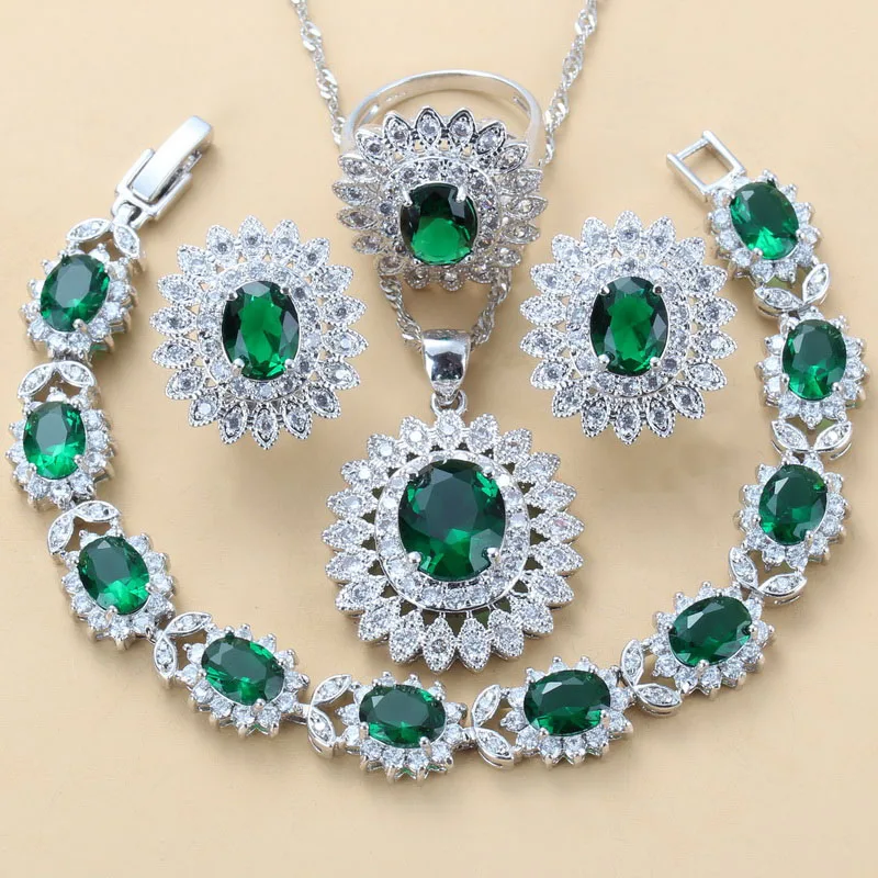 Bridal Jewelry Sets Crystal Jewelry Sets Fine Sunflower Green Zircon 925 Silver Bridal Clip Earrings Necklace Bracelet And Ring For Women /Girl Gift