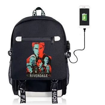

Mens Canvas Waterproof Backpack TV Riverdale Print With Charging Black Print School Bag Women Travelling Bag Laptop