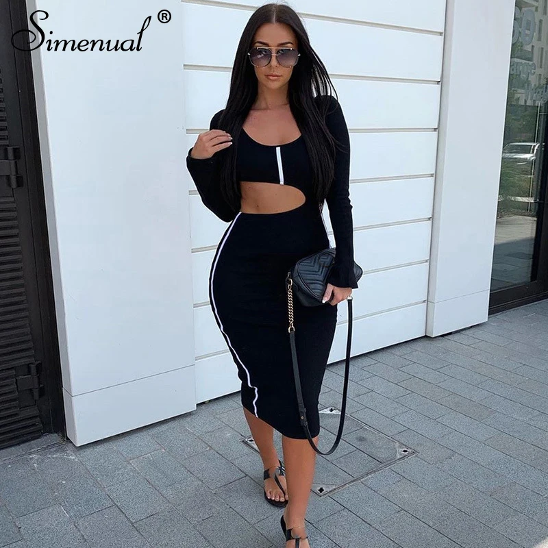

Simenual Skinny Hollow Out Bodycon Dresses Women Fashion 2019 Autumn Sexy Striped Midi Dress Party Clubwear Long Sleeve Female