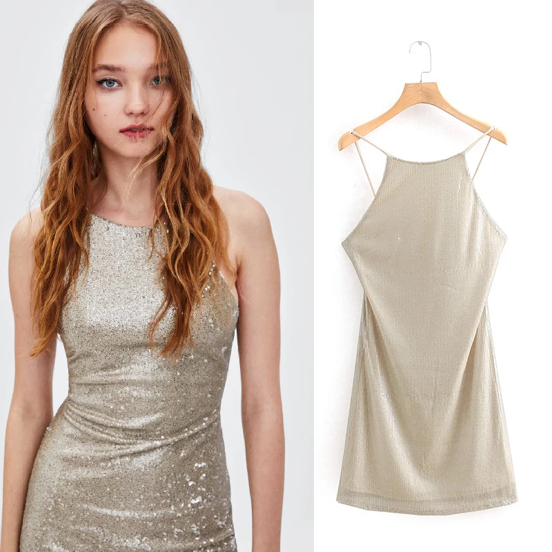 

Sexy GOLD Bling Sequined Backless Dress Women Solid Off Shoulder Mini Dress Short Christmas Party Club Strap Casual Vestidos