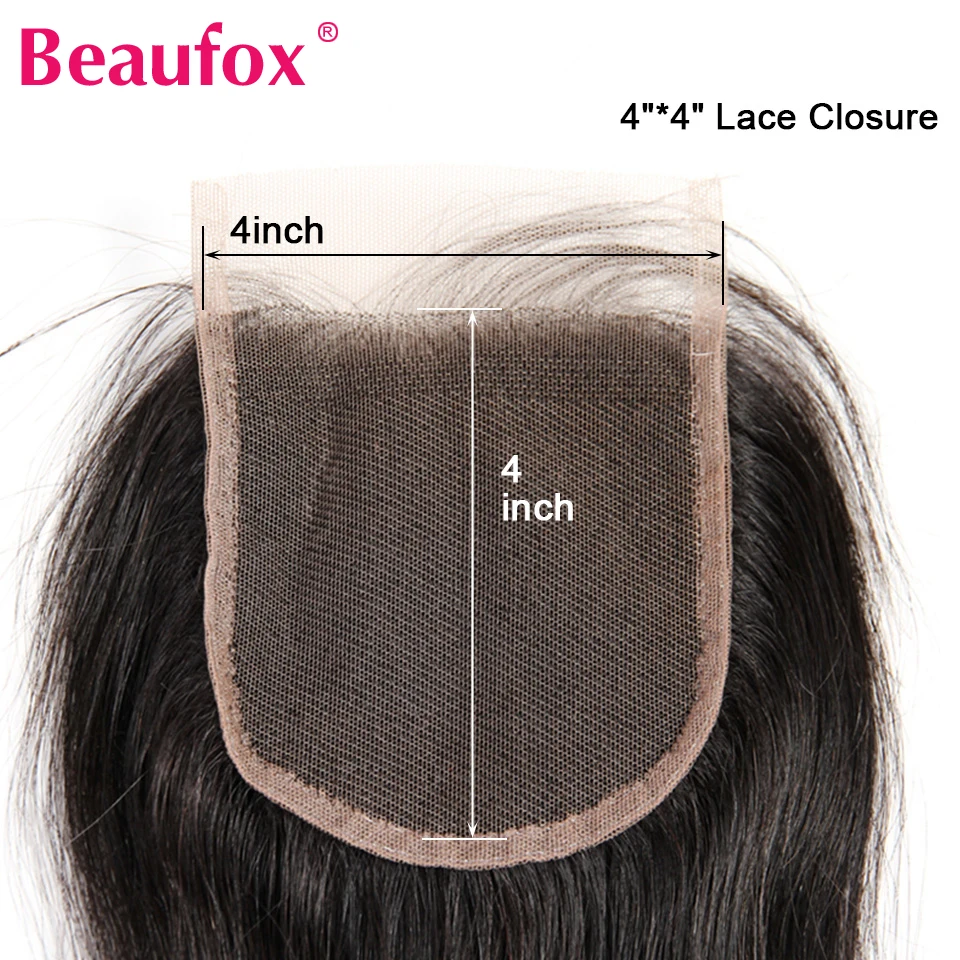 Beaufox бразильские прямые волосы Закрытие человеческих волос Кружева Закрытие 4x4 Часть 130% плотность remy волосы Можно отбеливать