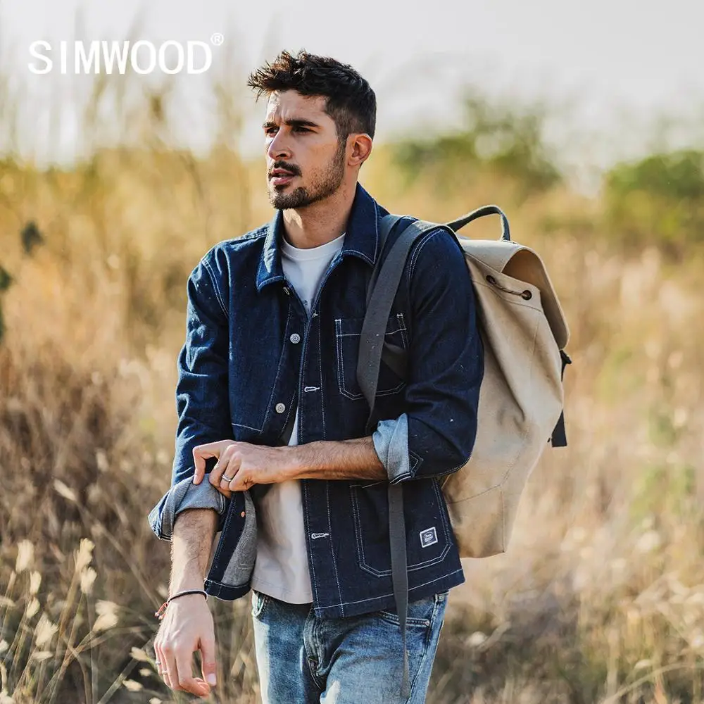 

SIMWOOD 2020 spring new denim jacket men cargo chore outerwear plus size panelled contrast stitch 100% cotton jackets SJ170252
