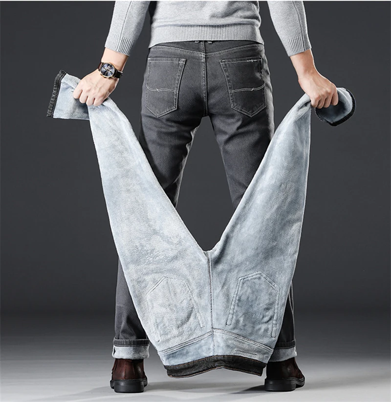 WG203 gray Модные зимние джинсы мужские серые прямые эластичные хлопковые флисовые брюки толстые теплые джинсы для мужчин простые классические джинсы - Цвет: WG203 gray