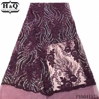 

H&Q purple french net lace fabric 2020 high quality embroidery nigerian tulle fabrics 5 yards african sequins laces for sewing