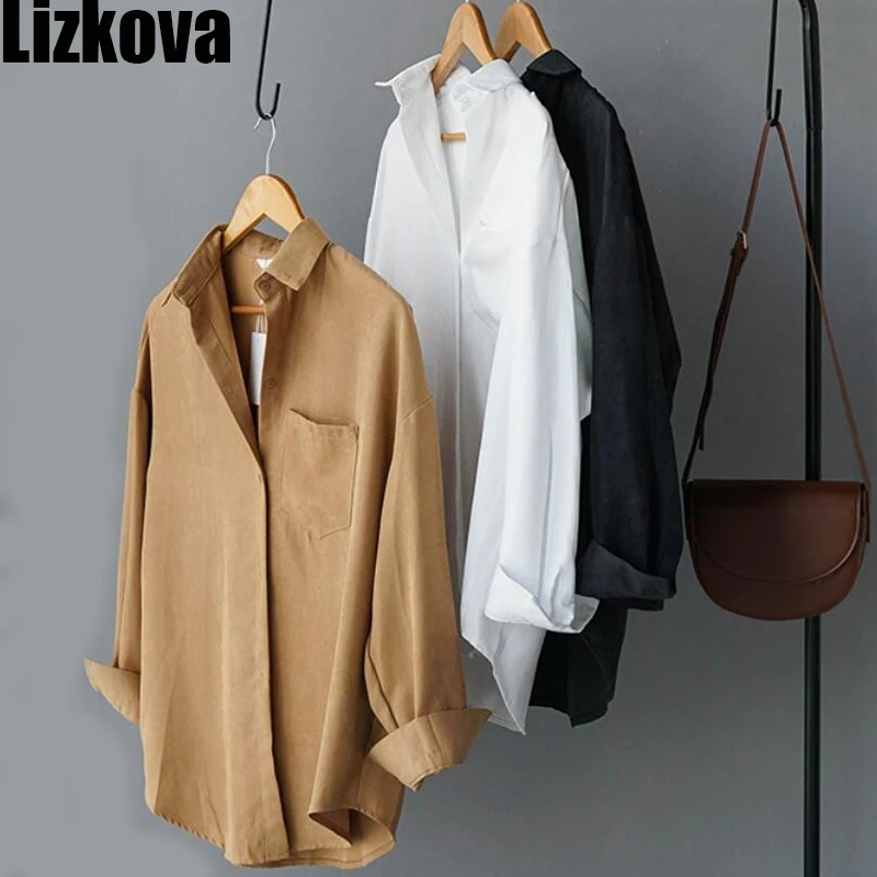 

2020 Spring White Formal Shirt Women Suede Long Sleeve Concise Style Lapel Ladies Blouse Streetwear 8866