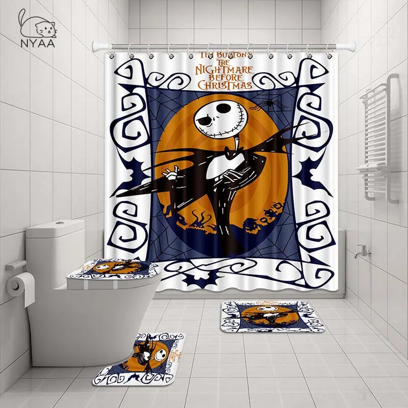 The Nightmare Before Christmas Shower Curtain Non-slip Mat Toilet Lid Cover 4PCS
