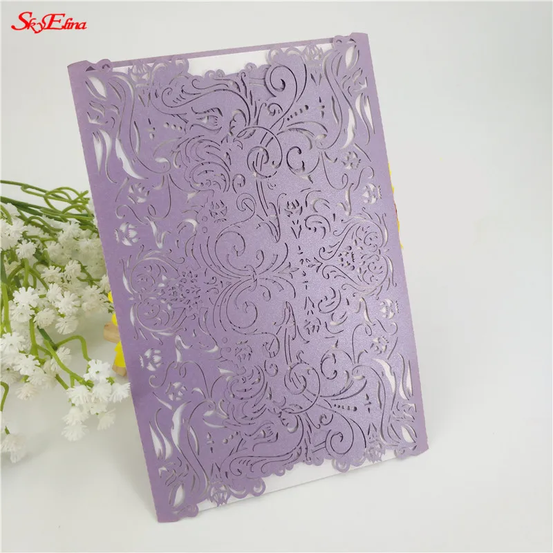 light purple 10/30 шт. белый лазерный разрез с роскошной флорой и свадебные Приглашения карты элегантное кружево пользу свадьбы печать конвертов Свадебная вечеринка украшения 6z - Цвет: light purple