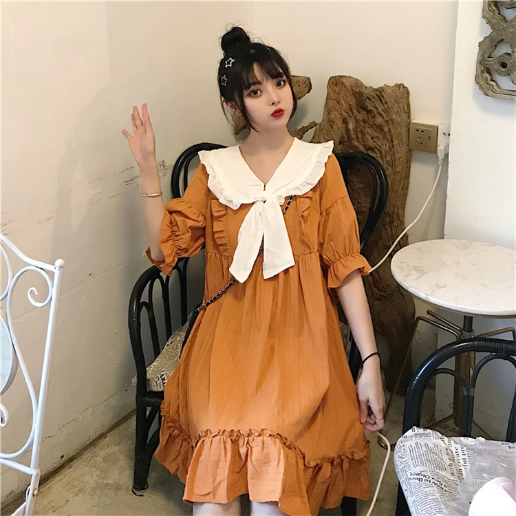 college sweet cute frilled contrast color navy collar doll dress