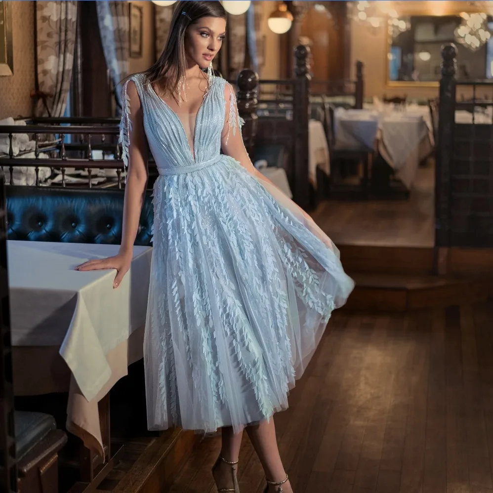 Светильник-Голубые Вечерние платья трапециевидного силуэта с V-образным вырезом