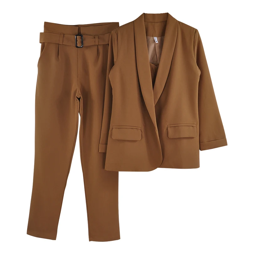 TYHRU женский однотонный Блейзер костюм из трех предметов куртка с зубчатым воротником укороченный топ на бретельках и брюки деловые комплекты - Цвет: Khaki