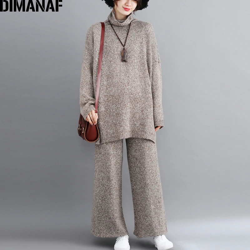 Skup DIMANAF Plus rozmiar zestawy dla kobiet zima Vintage kombinezon dzianinowy duży rozmiar topy damskie luźne długie spodnie sweter z golfem ubrania damskie