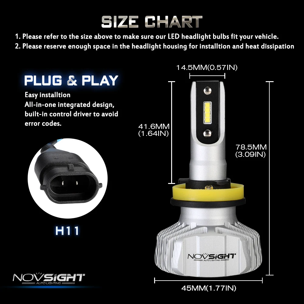 NOVSIGHT 50 Вт 10000LM Автомобильный светодиодный головной светильник H4 Hi/короче спереди и длиннее сзади) H7 H1 H3 H11 H13 9005 9006 9007 Nighteye 6500 к светильник лампы авто фары комплект