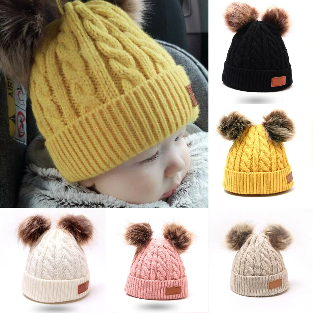 Kids Baby Beanie Hat Cap Boys Girls Winter Warm Double Fur Pom Knitted Bobble