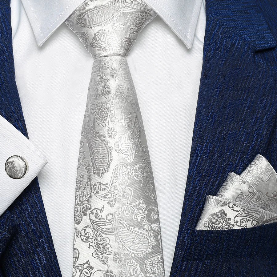 

Men Fashion Silver Gray Paisley Pure Color 3.14" Silk Woven Men Tie Necktie Handkerchief Set Party Wedding Classic Pocket Square Tie