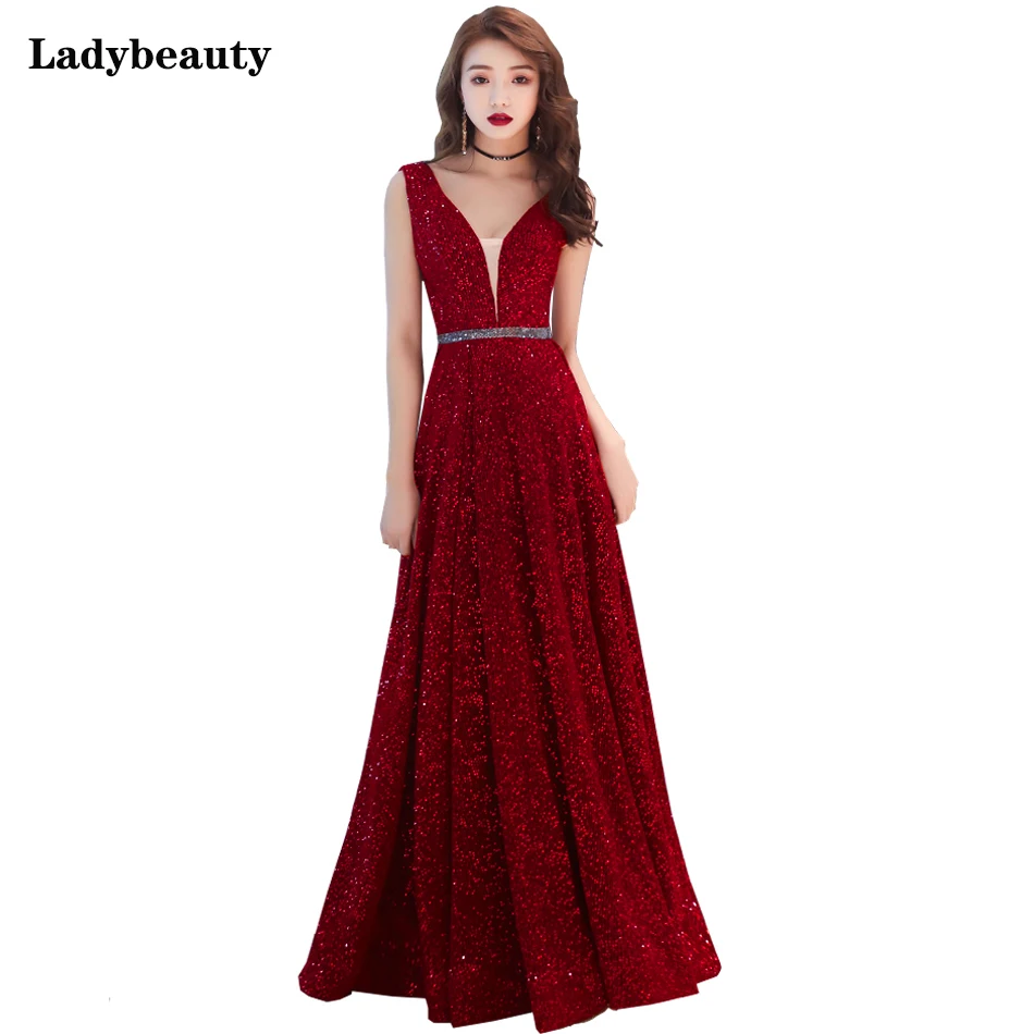 

Ladybeauty 2019 New Sexy Sequined lace V Neck Long Evening Dress Party Elegant Beads Belt Vestido De Festa Prom Dresses Longo